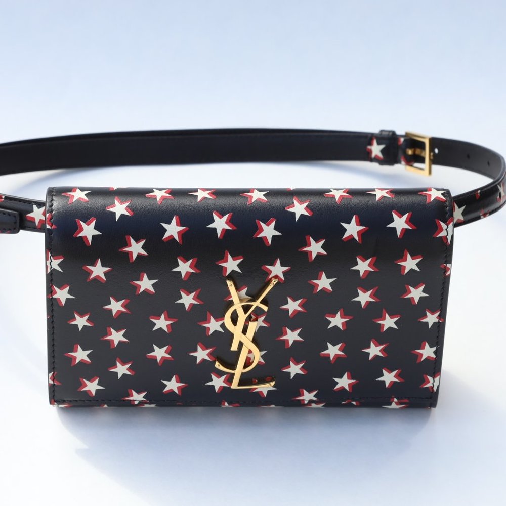 Saint Laurent Smooth Calfskin Star Print Monogram Kate Belt Bag Black Ivory Red